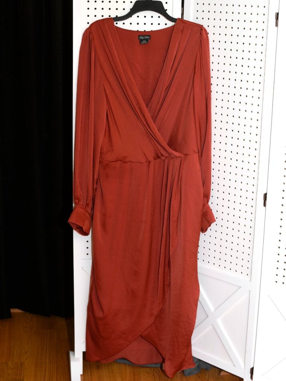 Plus Size 18 ("M") City Chic Opulent Faux Wrap Midi Dress Satin Copper Toffee